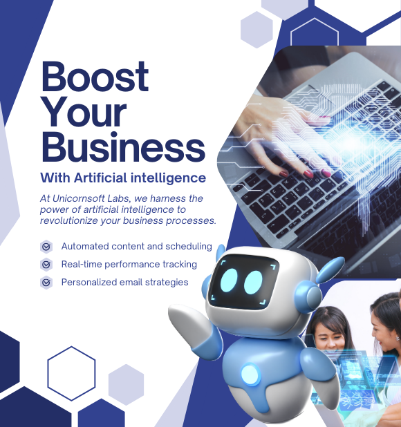 Unicorn Soft Labs The image is a diagram promoting the use of artificial intelligence for business enhancement at Unicornsoft Labs.